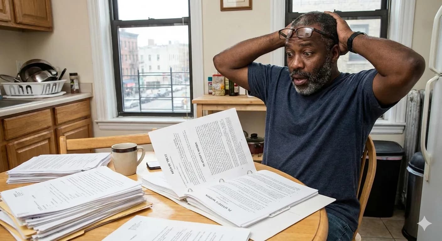 Person at home overwhelmed with court paperwork